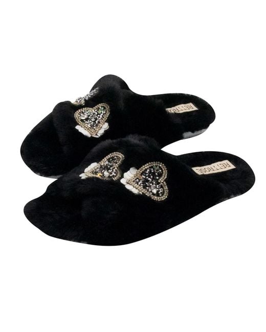 Rettrose Black Katie Luxury Plush Diamanté Heart Embellished Handmade Slipper