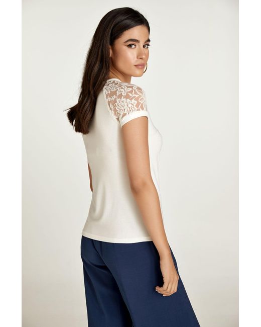 Conquista White Neutrals Ecru Top With Short Lace Sleeves