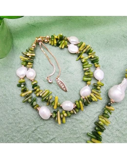Farra Green Bamboo Coral With Freshwater Pearls Double Layers Bracelet