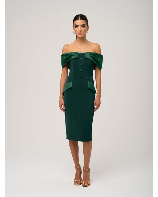 Tia Dorraine Green Steel Confidence Off-Shoulder Midi Dress, Dark