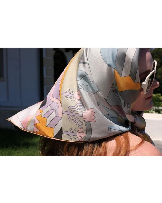 Jessie Zhao New York Blue Double Sided Silk Scarf Of Jungle Puzzle
