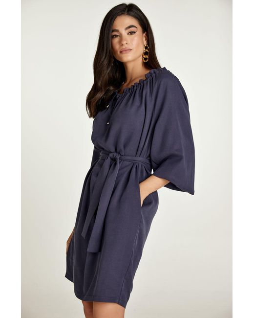 Conquista Blue Belted Tencel Dress With Pockets