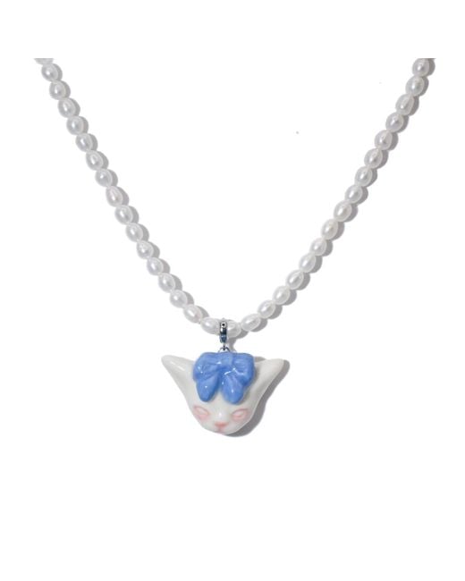 H2 Studio Blue Angry Puss Bow Tie Freshwater Pearl Necklace
