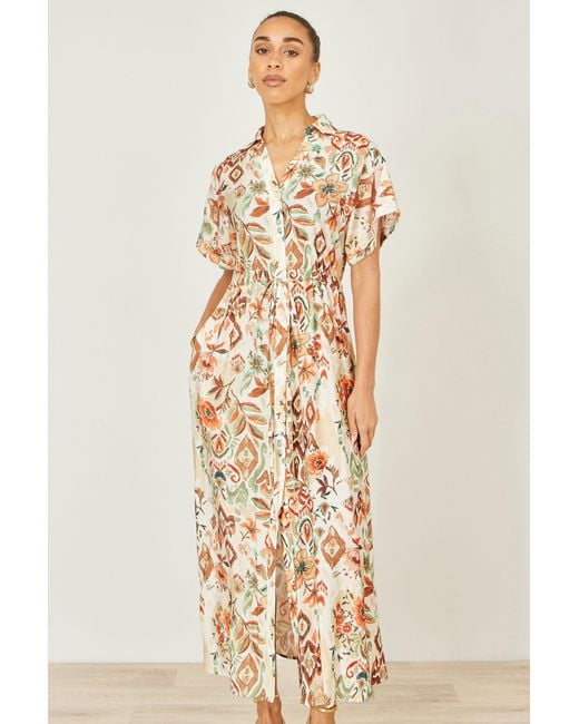 Yumi' Metallic Neutrals Ivory Viscose Relaxed Boho Print Maxi Shirt Dress