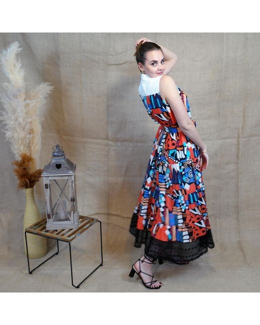 Lalipop Design Blue Long Sleeveless Voile Dress With Black Embroidery Detail