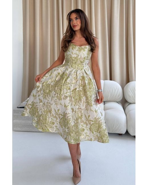 Girl In Mind Yellow Camelia Sweetheart Neckline Midi Dress Floral