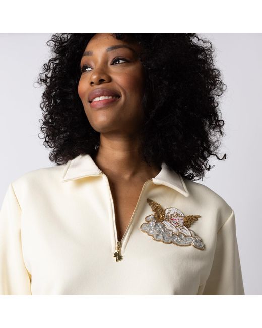 Laines London Natural Neutrals Laines Couture Cream Quarter Zip Sweatshirt With Embellished Cherub