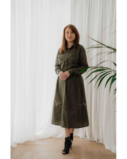 Sophie Cameron Davies Green Khaki Lace Sleeve Cotton Shirt