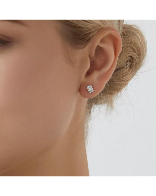 Diamonbliss White Embellished Swarovski Stone Platinum Plated Sterling Solitaire Emerald Cut Stud Earrings One Carat