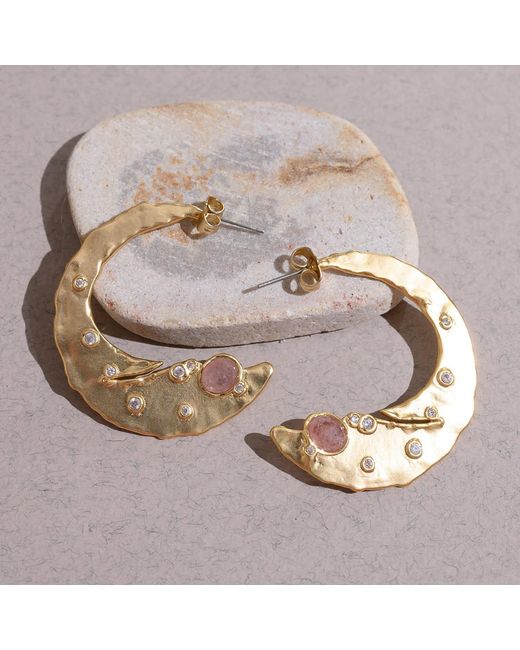 Rare Matters Jewelry Metallic Timeless Organic Strawberry Quartz Crescent Earrings
