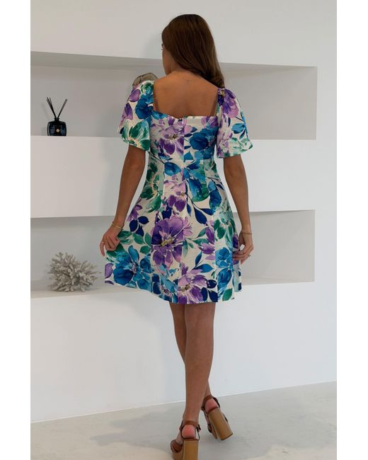 Girl In Mind Blue Nicola Sweetheart Neckline Mini Skater Dress Multi Floral