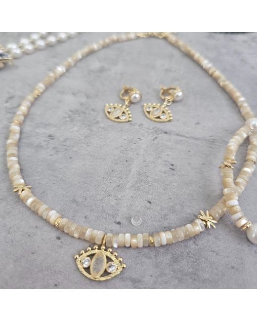 Farra Metallic Neutrals Shell With Turkish Devil Eye Pendant Necklace