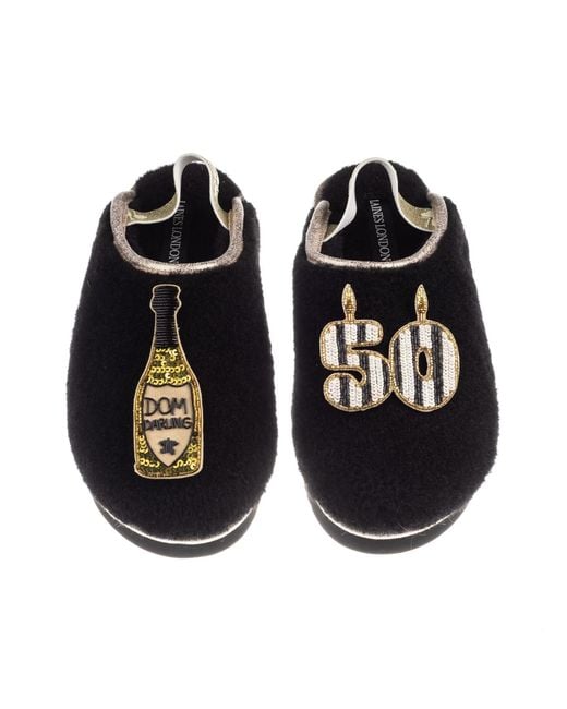 Laines London Black Flatform Cloud Closed Toe Slippers With Stripe 50Th Birthday & Dom Darling Brooches