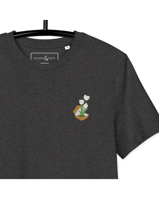 Anchor and Crew Black Heather Tulip Garden Dystopia Organic Cotton Embroidered T-Shirt for men