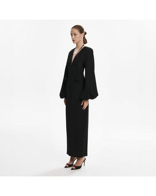Lita Couture Black Ample-Sleeve Maxi Silk Dress