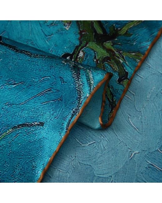 Soft Strokes Silk Blue Pure Silk Scarf Painting Almond Blossom Van Gogh Small