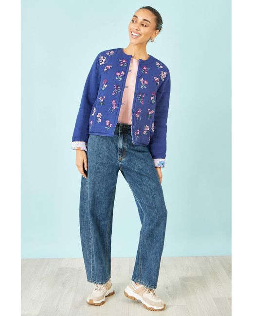 Yumi' Blue Floral Embroidery Cotton Jacket