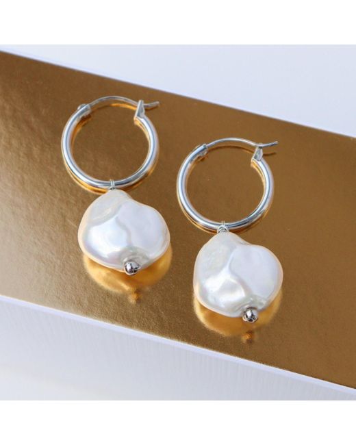FV Jewellery White Steel Me Baroque Pearl Hoop Earrings