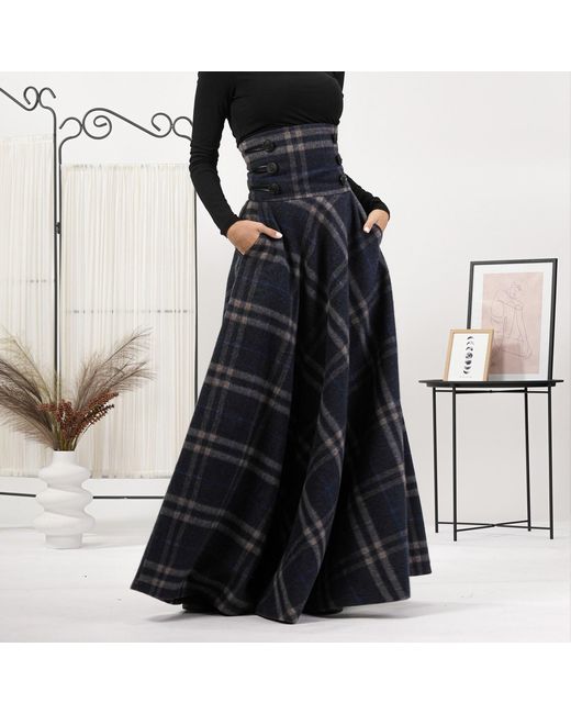 Nikka Place Blue Wool Tartan Floor Length Skirt With Ultra High Waist