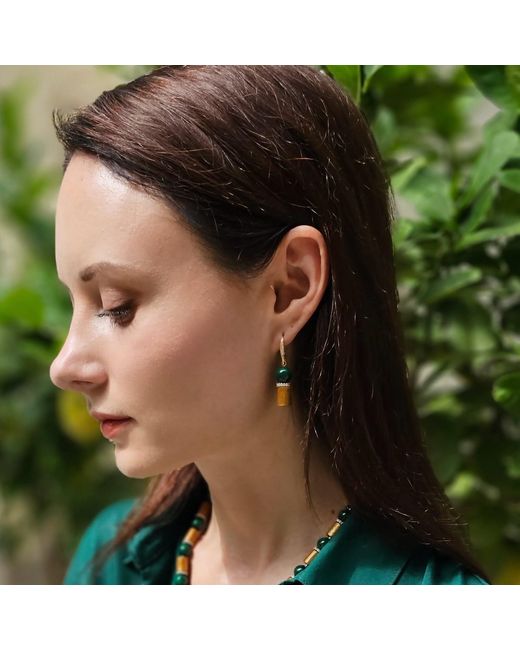 Farra Green Golden Coral With Malachite Dangle Earrings