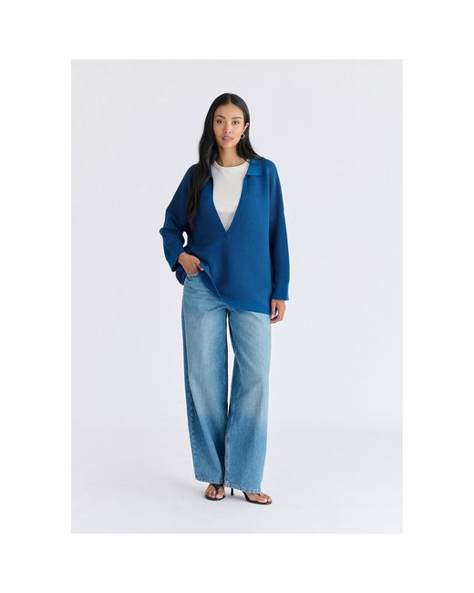 Paisie Blue Low Cut Polo Collar Ribbed Jumper