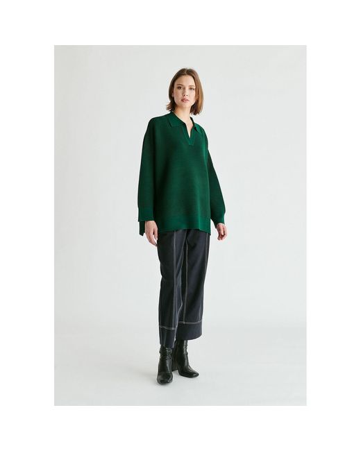Paisie Green Polo Collar Ribbed Jumper