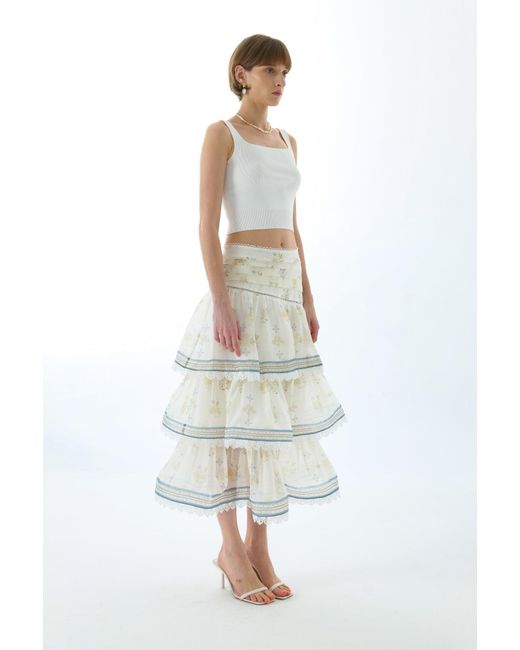 We Are Kindred White Cynthia Silk Tiered Midi Skirt