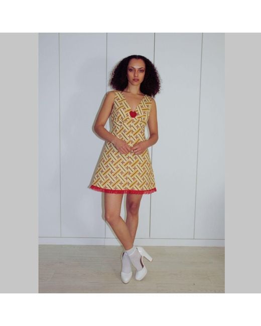 Couture to Your Door Yellow Geometric Babydoll Mod Aline Mini Dress