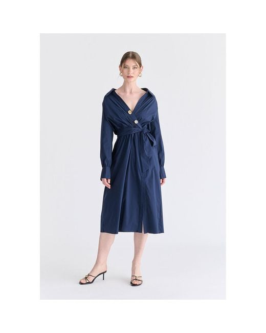 Paisie Blue Wrap Midi Shirt Dress With Metallic Button Details
