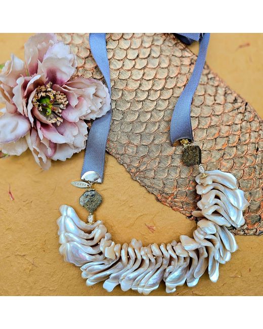 Farra Metallic Giant Shell Pendant With Silk Ribbon Statement Necklace