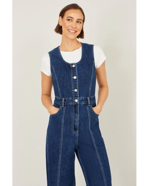 Yumi' Blue Denim Stretch Fitted Jumpsuit