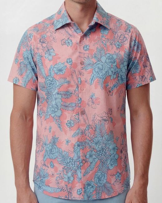 Lords of Harlech Blue Scott Mono Floral Coral Printed Button Up Shirt for men