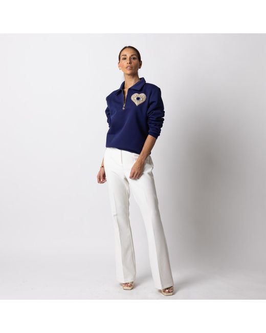 Laines London Blue Laines Couture Navy Quarter Zip Sweatshirt With Embellished Heart Eye
