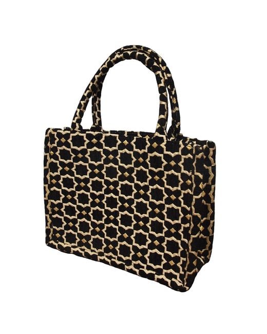 Berber Leather Black Neutrals Moroccan Geometric Print Fabric Tote Bag