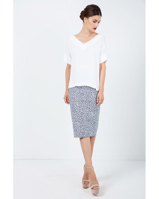 Conquista Blue Floral Pencil Skirt With Solid Colour Waistband