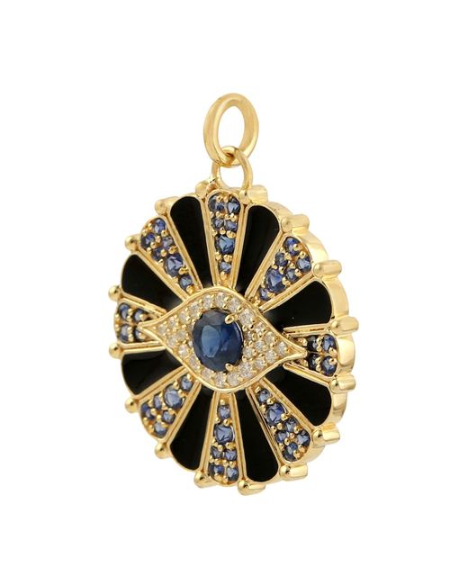 Artisan Black Natural Diamond Evil Eye Pendant 14k Gold Blue Sapphire Enamel Jewelry
