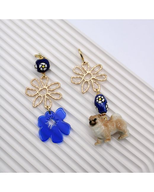 Midnight Foxes Studio Metallic Chow Chow Dog & Flower Gold Earrings