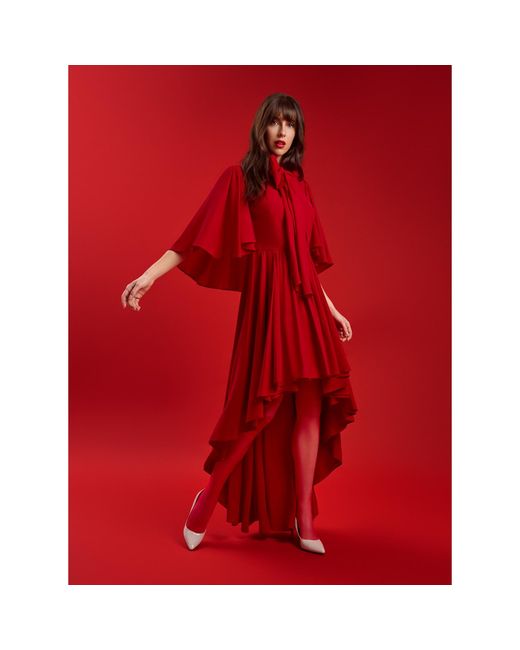 Femponiq Red Bow Tie Neck Cape Sleeve Maxi Dress