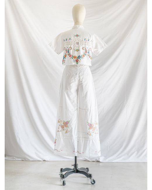 Sugar Cream Vintage White Re-top & Trousers Floral Embroidered Cross-stitch Set