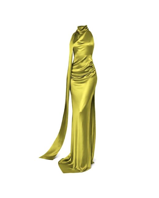 Moda Glam Yellow Muse Cowl Neck Open Back Gown- Chartreuse