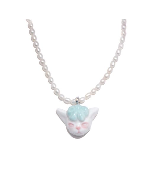 H2 Studio Metallic Angry Puss Mint Bow Tie Freshwater Pearl Necklace
