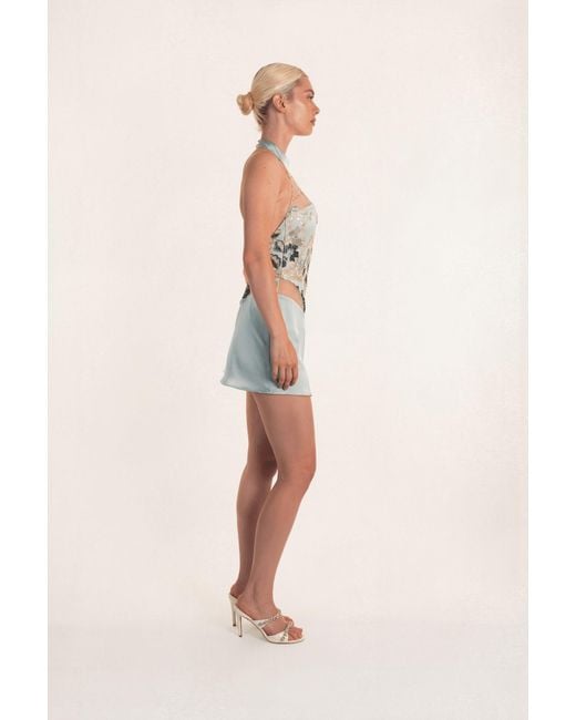 Clerestory Gray Coralie Floral Embroidered Halter Corset Mini Dress