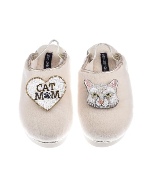 Laines London Multicolor Neutrals Flatform Cloud Slippers With Lily Cat & Cat Mum/Mom Brooches