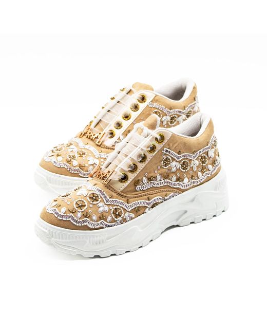 Rettrose Natural Neutrals Ava Luxury Pale Sand Suede Handmade Embellished Trainers