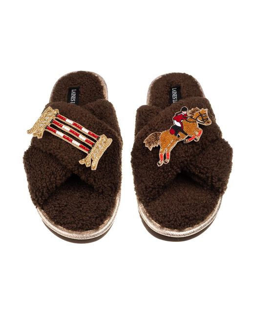 Laines London Brown Neutrals Laines Neutral Boucle Slippers With Show Jumper Brooches