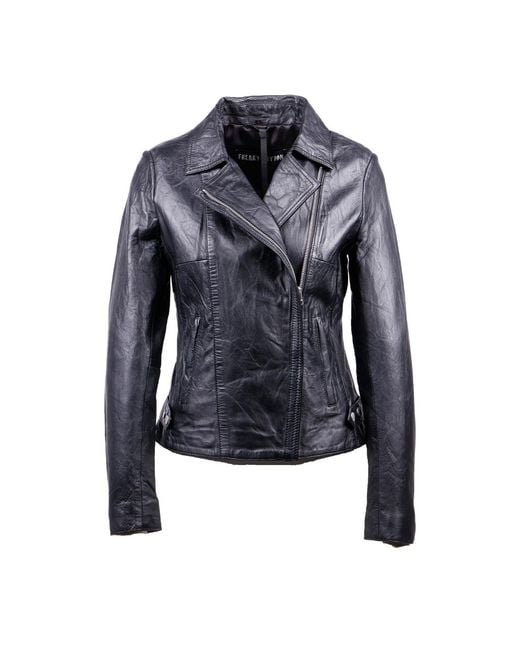 Freaky Nation Blue Crinkled Leather Biker Jacket