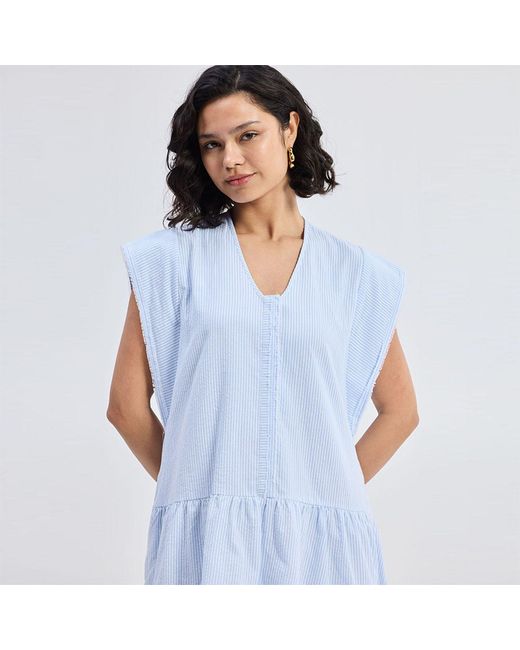 REISTOR Blue Oversized V Neck Short Dress With Frayed Sleeves