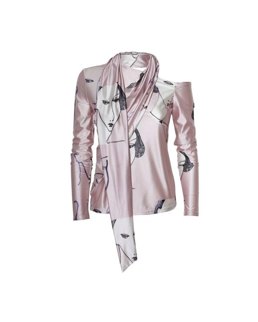 Julia Allert Multicolor Draped Shoulder Long-Sleeve Printed Blouse Pale