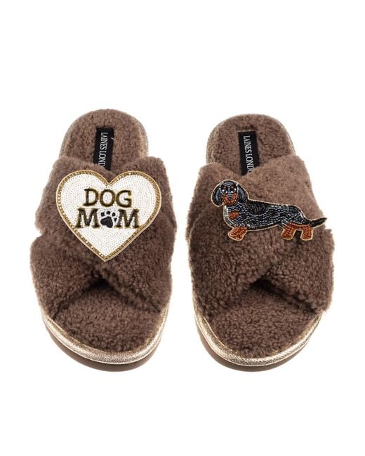 Laines London Brown Neutrals Boucle Slippers With Dog Mum/Mom & Dapple Dachshund Brooches