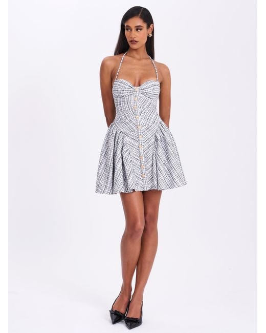 Miss Circle New York Gray Melody & Plaid Tweed Halter Drop Waist Mini Dress